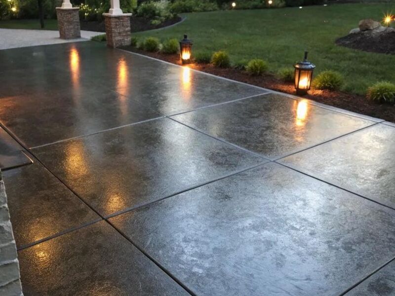 Stamped concrete patio with covered porch and landscape lighting